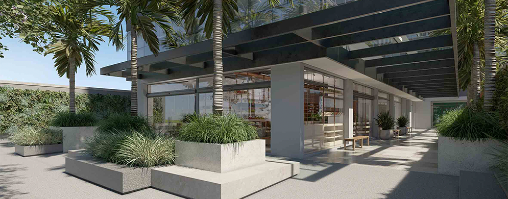 Entrada moderna de edifício com pergolado metálico, grandes janelas de vidro, palmeiras e bancos cercados por plantas.