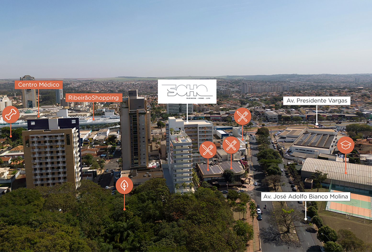 Vista aérea urbana mostra o edifício Soho cercado por avenidas, prédios, praças e o RibeirãoShopping ao fundo.