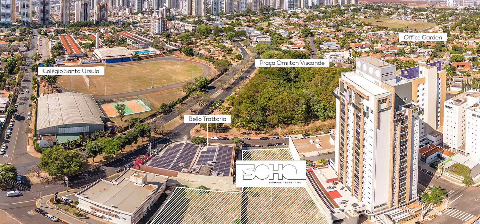 Vista aérea mostra o edifício Soho cercado por pontos de referência como o Colégio Santa Úrsula e a Av. João Fiúsa.