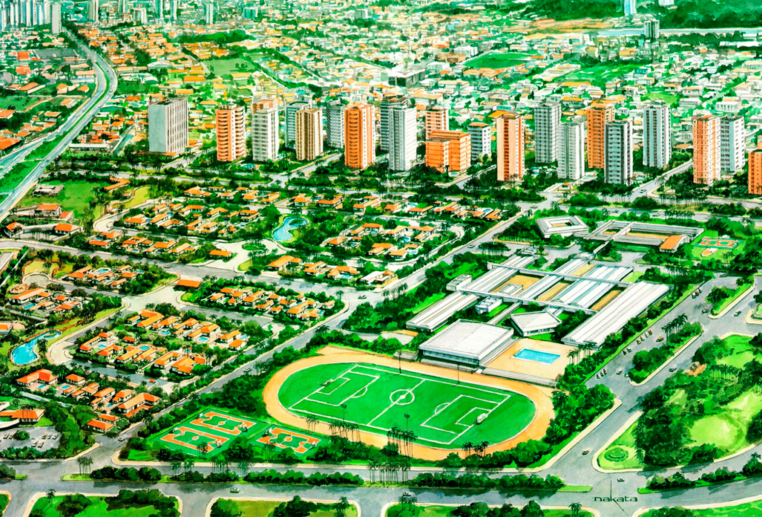 Ilustração aérea de bairro planejado com prédios altos, casas, áreas verdes, campo de futebol, quadras e piscina.