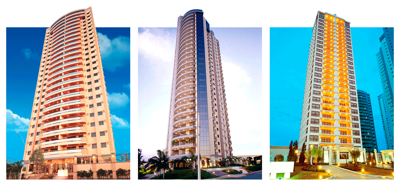 Foto de três edifícios residenciais de alto padrão.