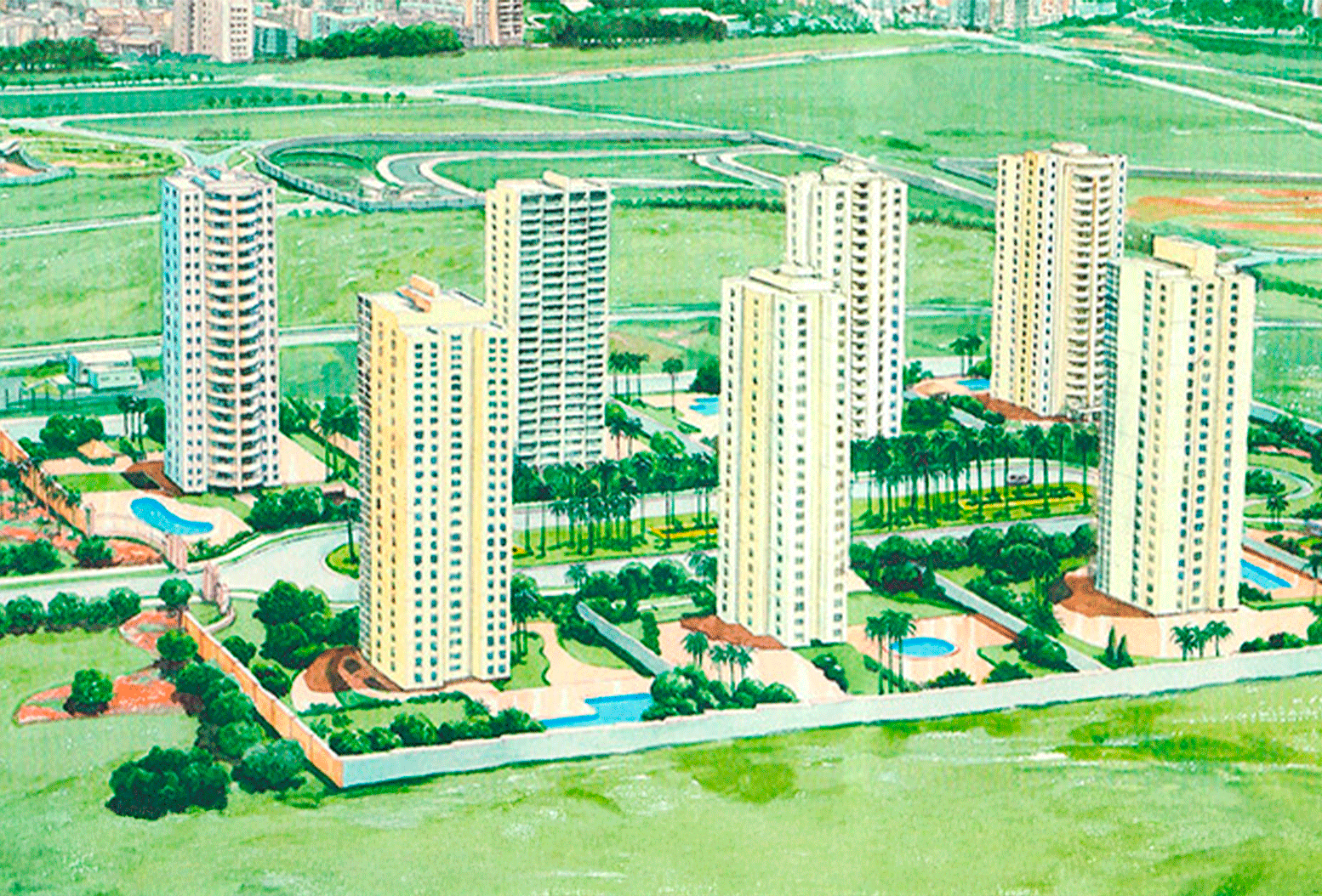 Ilustração mostra conjunto de prédios altos cercados por áreas verdes, piscinas, jardins e vias de acesso em bairro planejado.