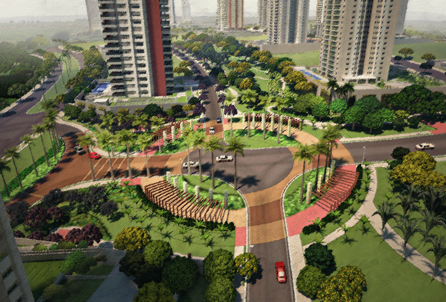 Rotatória arborizada com palmeiras e jardins, cercada por prédios altos e vias largas, em um bairro planejado moderno