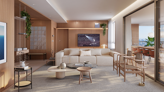 Varanda moderna integrada ao living, com grande abertura de luz natural e mobiliário contemporâneo.