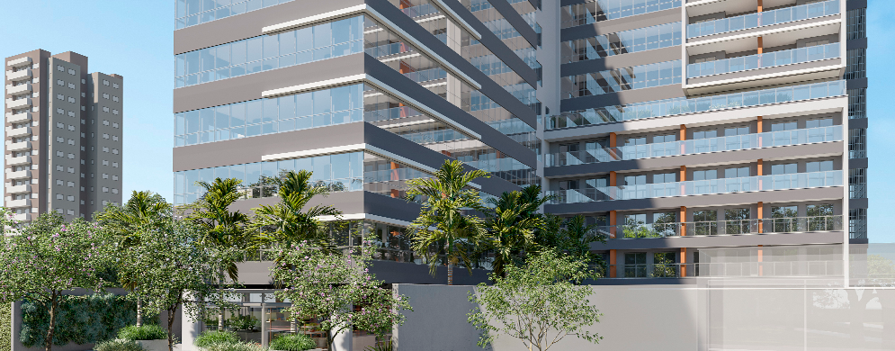 Imagem imponente do edifício visto da rua, fachada espelhada e moderna com árvores à frente na calçada.