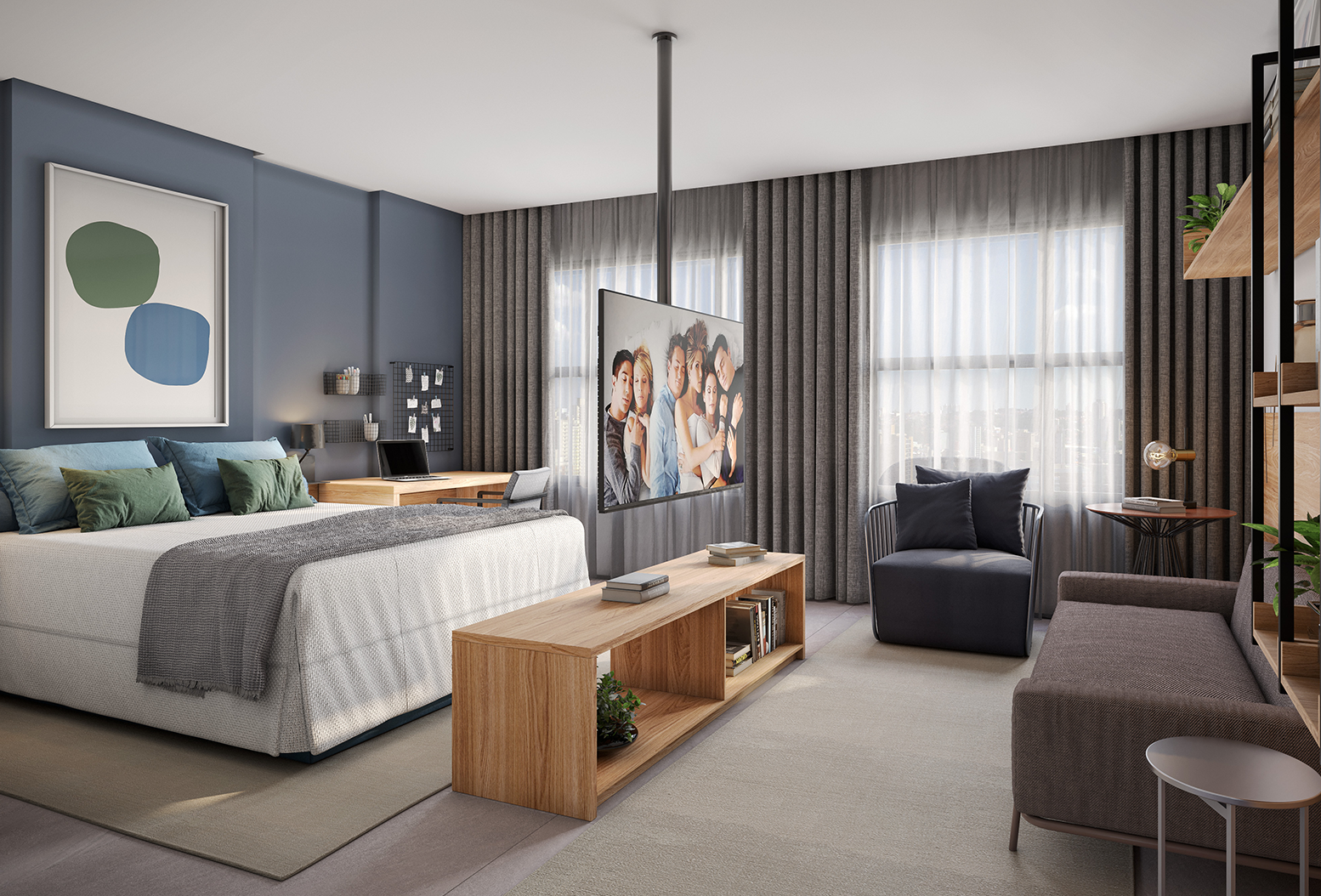 Ambiente interno de um quarto espaçoso com cama de casal junto à parede e grande TV LCD fazendo a divisão para ambiente de sala de estar.