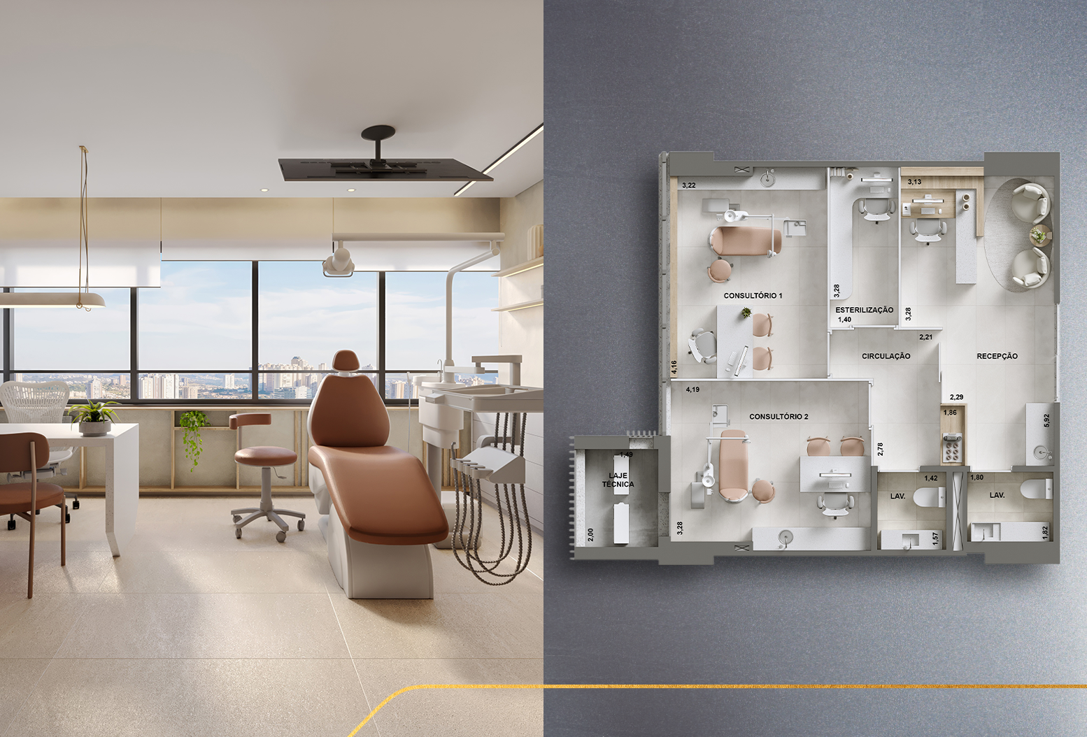 Planta de 68,98 m² com sugestão de ambientação para uma Sala de Dentista.