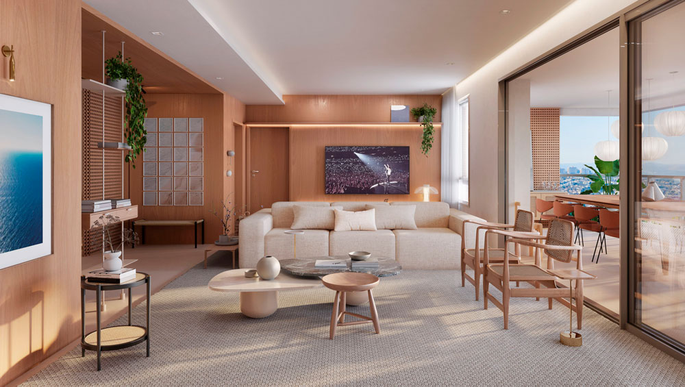 Sala moderna com sofá claro, mesas baixas, painel de madeira, TV na parede e varanda gourmet com mesa ao fundo.