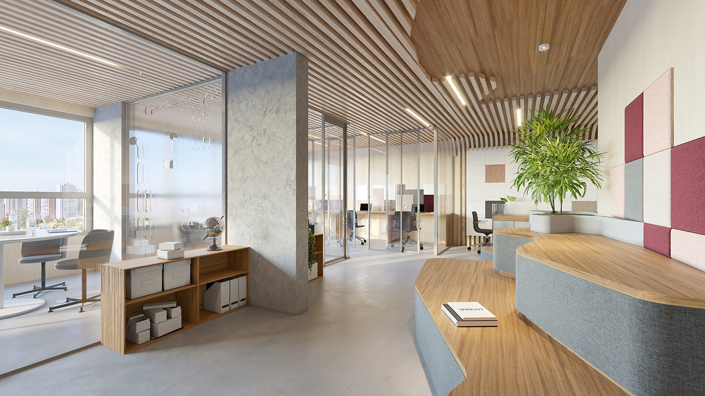 Escritório moderno com divisórias de vidro, teto ripado de madeira, bancos em níveis e planta central.