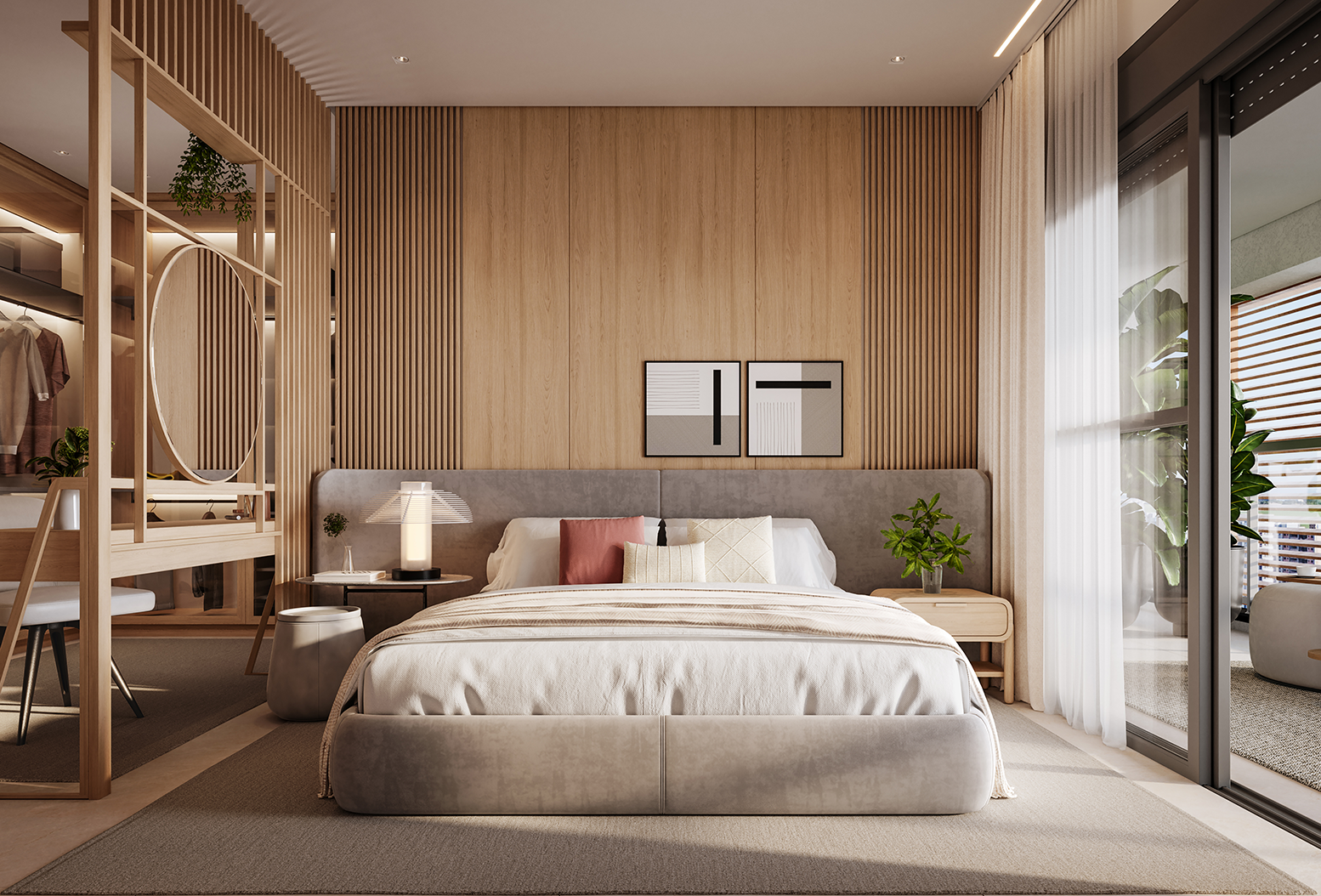 Suíte Master moderna, com cama de casal, painel de madeira, closet iluminado e varanda envidraçada ao lado.