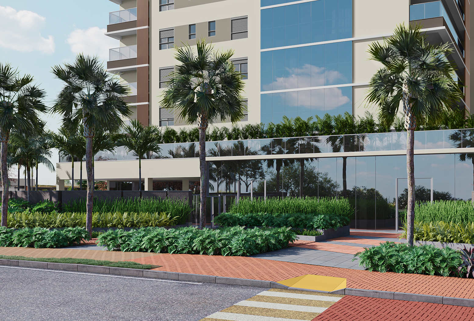 Fachada do edifício Cidade de Seattle com vidro espelhado, palmeiras, jardins bem cuidados e entrada voltada para a rua.