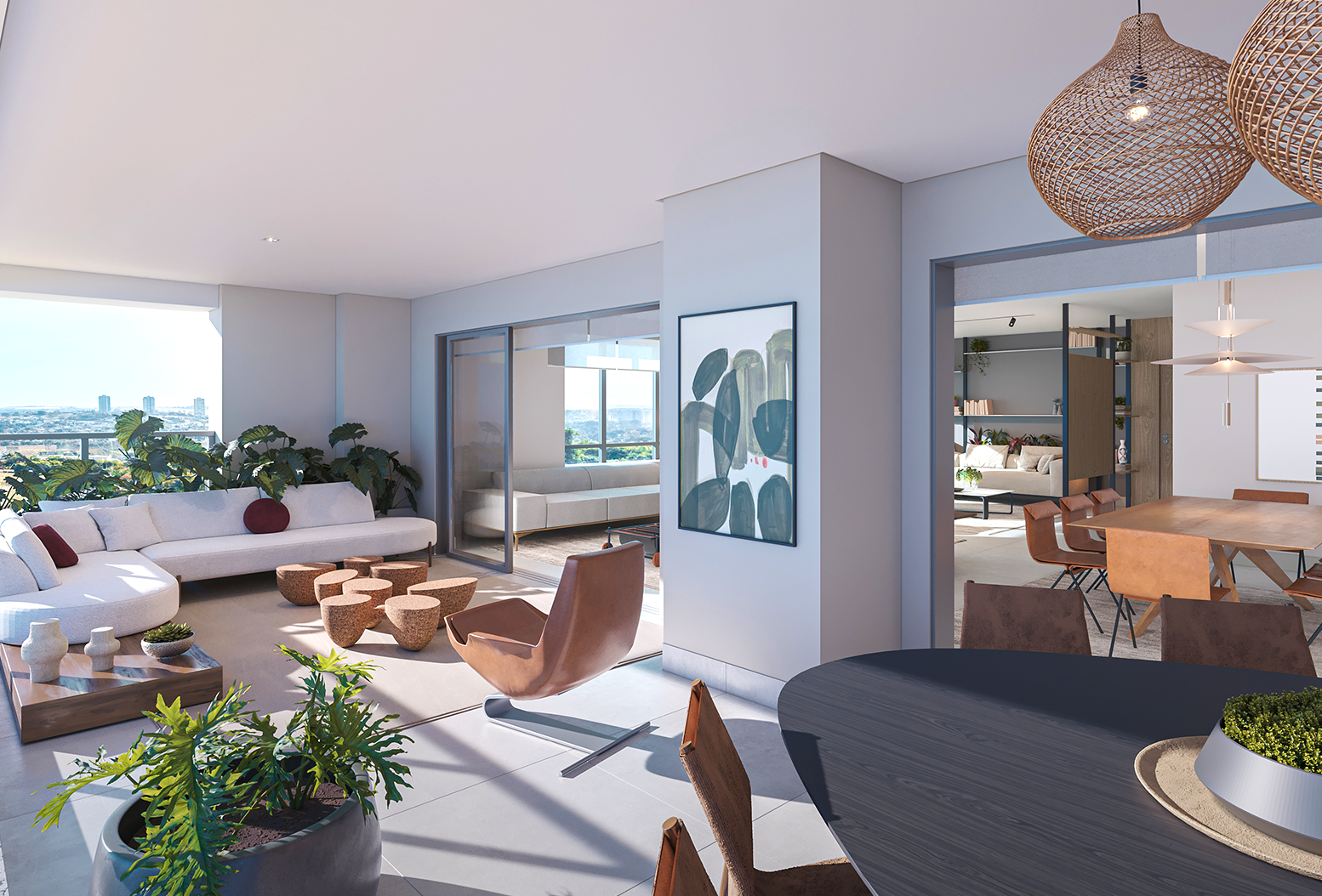 Varanda integrada com sofá curvo, poltronas, mesa de jantar e vista ampla da cidade ao fundo.