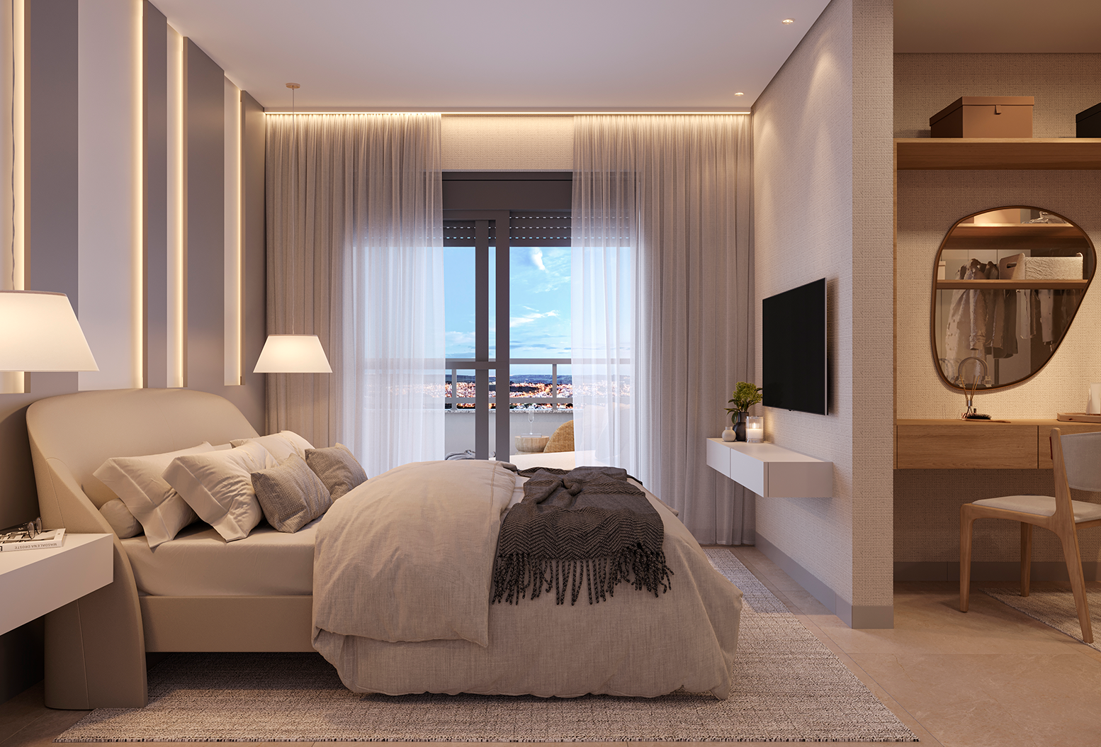 Suíte Master moderna, com cama de casal, painel de madeira, closet iluminado e varanda envidraçada ao lado.