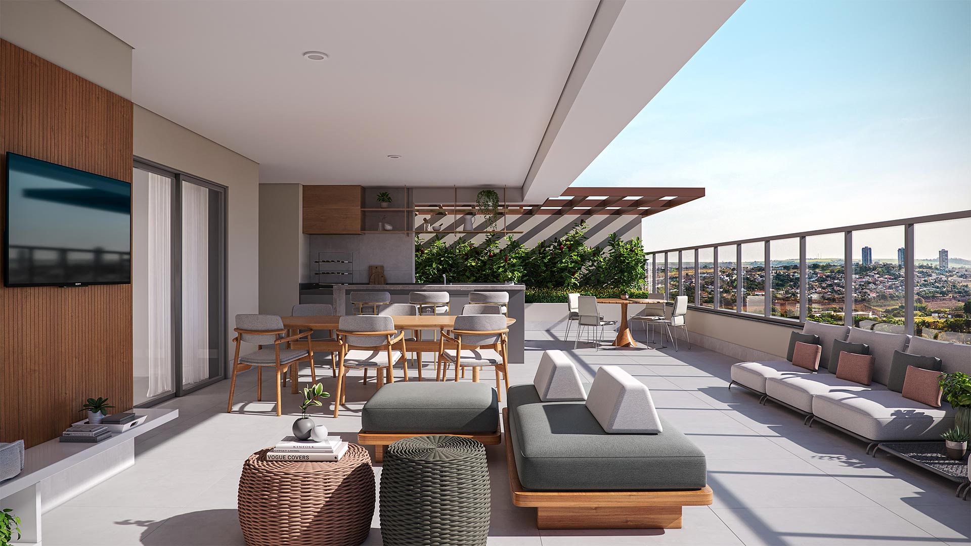 Varanda gourmet ampla com sala, mesa de jantar, TV, sofás e vista panorâmica da cidade.