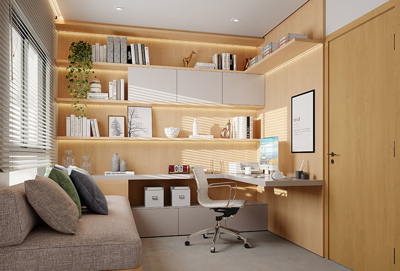  Home office com sofá, estantes iluminadas, mesa de trabalho, cadeira branca e luz natural pela janela. 