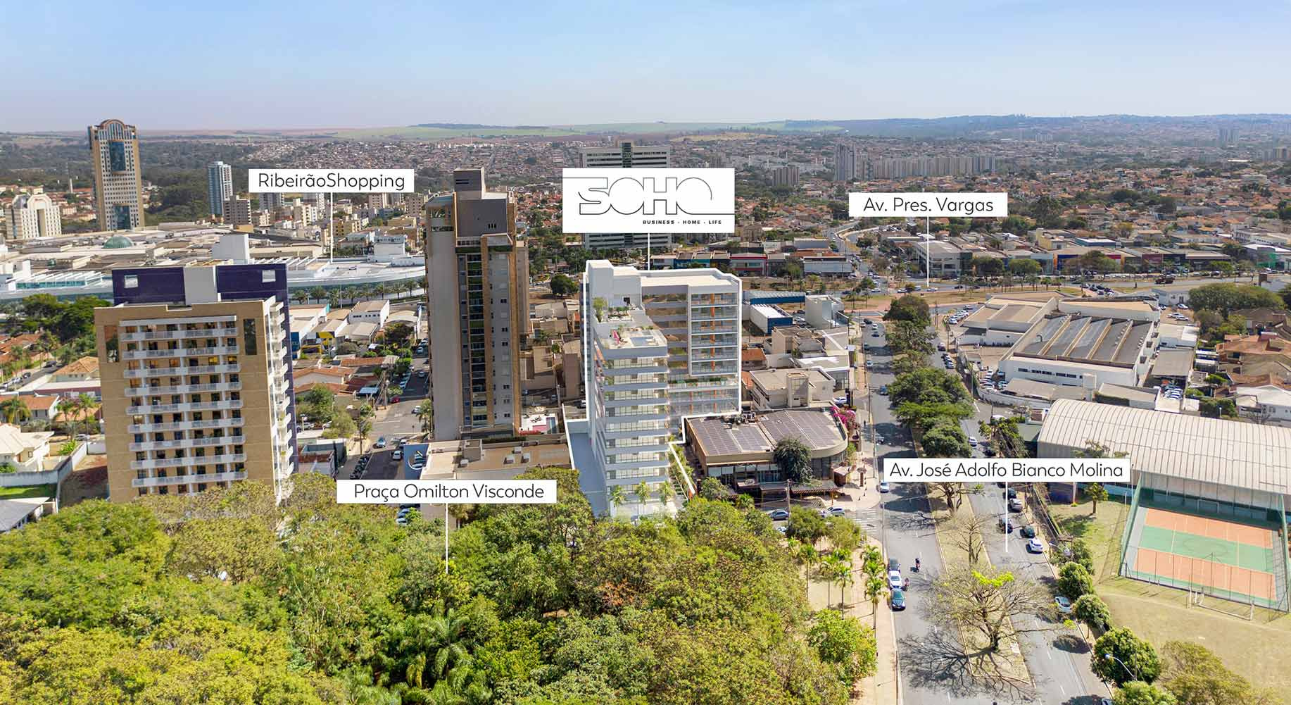Vista aérea da região do RibeirãoShopping, com o Soho em destaque e vias principais identificadas.