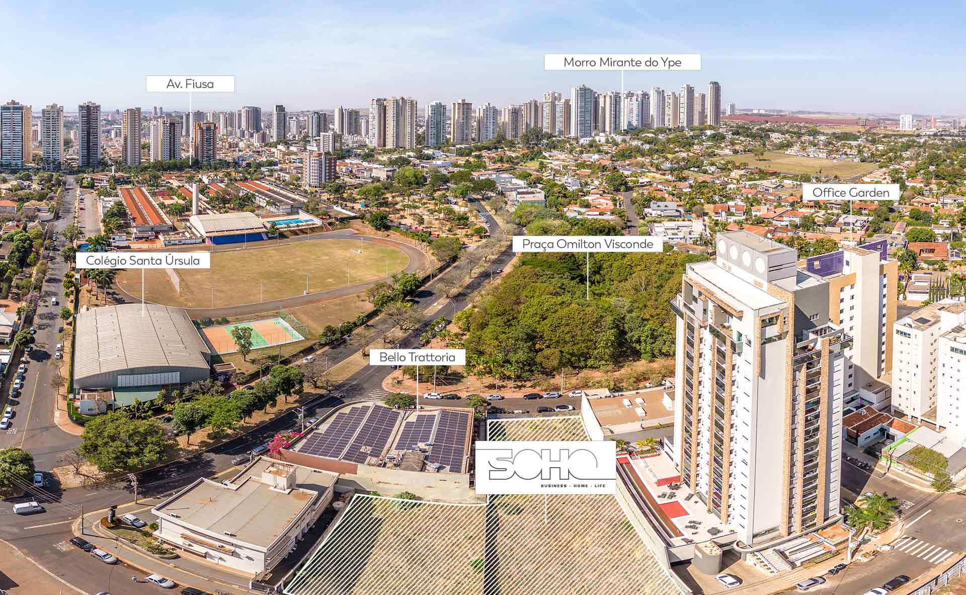 Vista aérea do Soho cercado por avenidas, praça, colégio e prédios da zona sul de Ribeirão Preto.