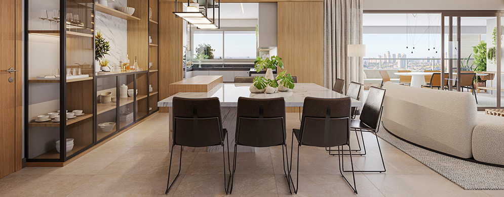 Sala de jantar integrada à cozinha e estar, com mesa para seis, cristaleira e varanda com vista da cidade.