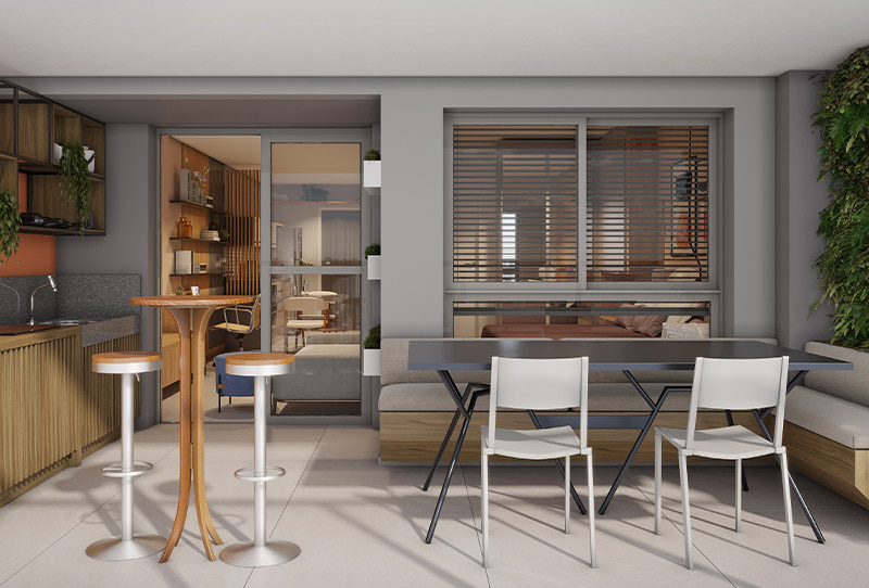 Varanda gourmet com bancada, mesa, banco em L, jardim vertical e vista para o interior do apartamento.