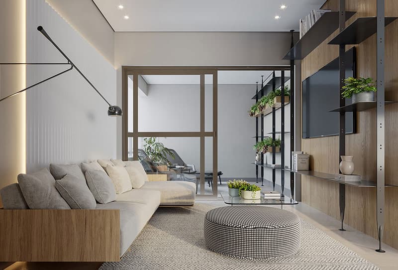 Home Cinema com sofá amplo, painel de madeira, estantes com plantas e acesso envidraçado à varanda.
