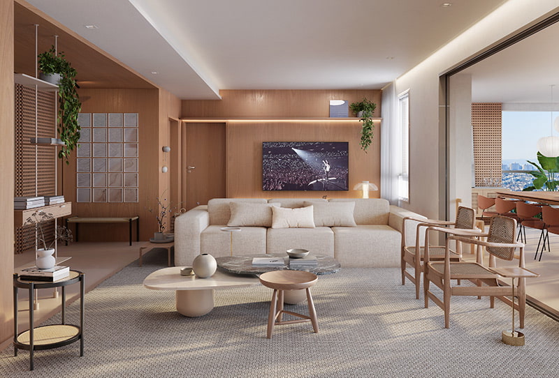 Sala de estar integrada à varanda gourmet, com sofá, poltronas, TV, mesa de centro e ampla iluminação natural.