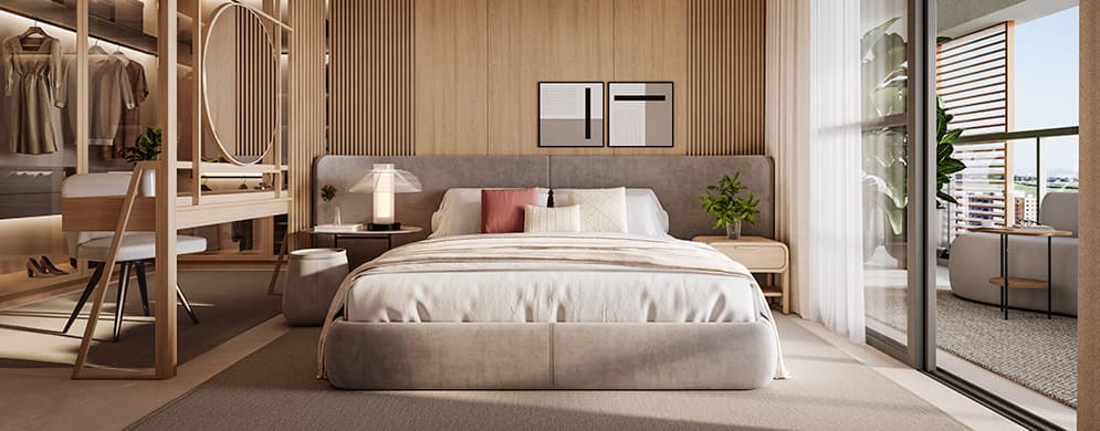 Suíte Master moderna com cama de casal, madeira, closet integrado, penteadeira e ampla janela para a varanda.