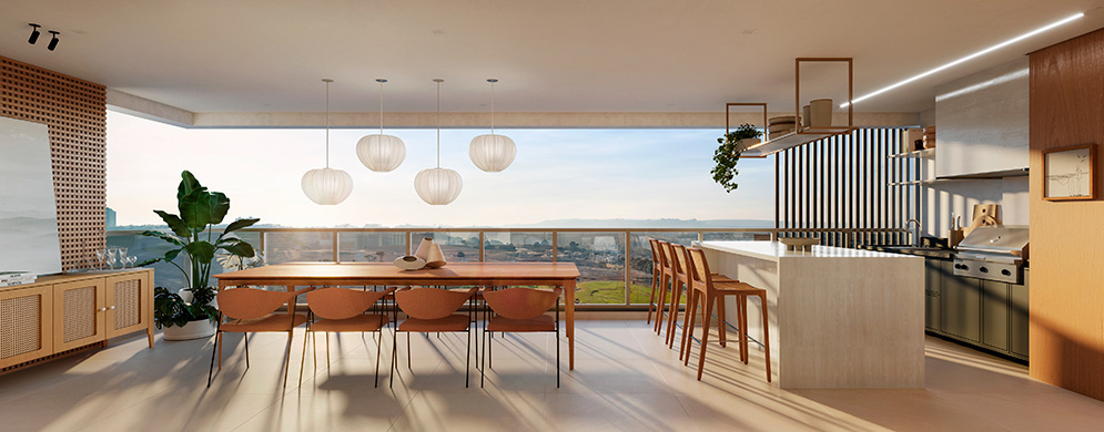 Varanda gourmet ampla com mesa de jantar, bancada com churrasqueira, plantas e vista panorâmica da cidade.