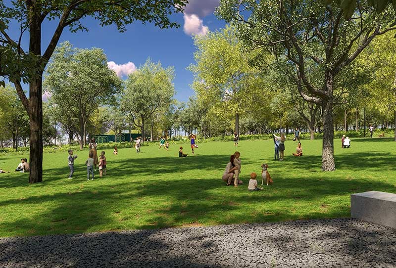Imagem de área verde com construção de bancos e passeios em que pessoas estão sentadas conversando.