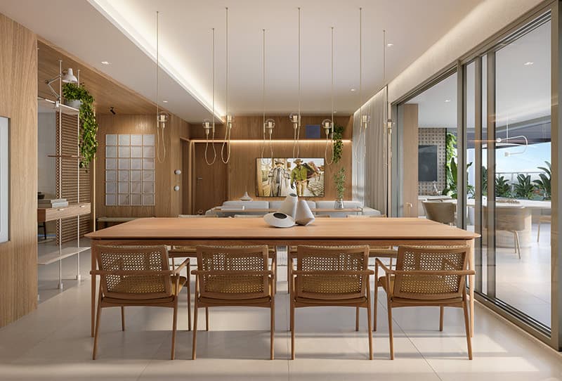 Sala de jantar integrada ao living, com mesa de madeira, pendentes, grandes janelas e decoração contemporânea.