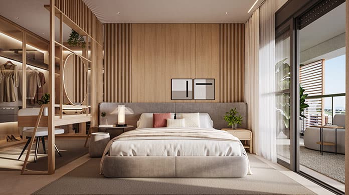 Suíte Master moderna com cama de casal, madeira, closet integrado, penteadeira e ampla janela para a varanda.