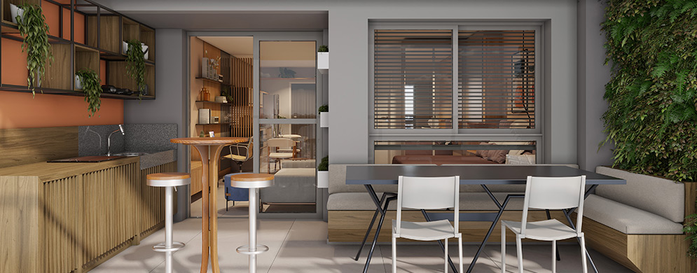 Varanda gourmet com bancada de madeira, banquetas, mesa de jantar, bancos estofados e jardim vertical.