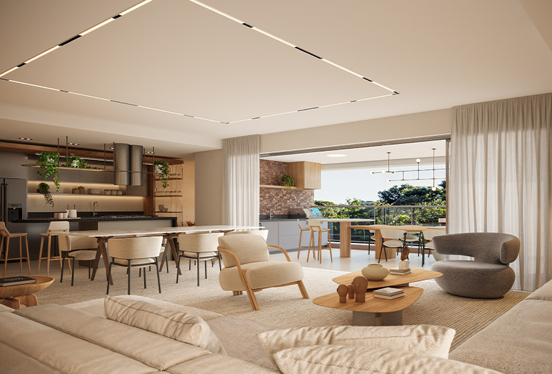 Sala de estar integrada à cozinha e à varanda gourmet, com sofás claros, poltronas, mesa de jantar e vista para o verde.