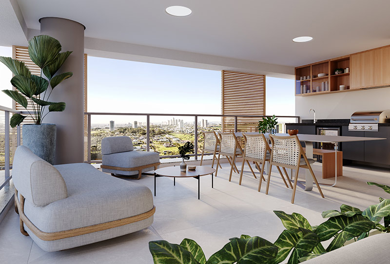 Varanda gourmet ampla com churrasqueira, mesa de jantar, sofás claros, plantas e vista panorâmica da cidade.