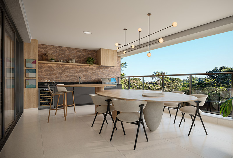 Varanda gourmet com mesa de jantar, churrasqueira, bancada, adega e vista para a vegetação, sob iluminação natural.